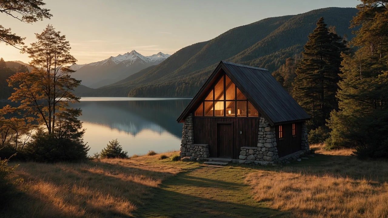 Cabaña tipo Lenga entre el bosque, con el ventanal encendido al atardecer