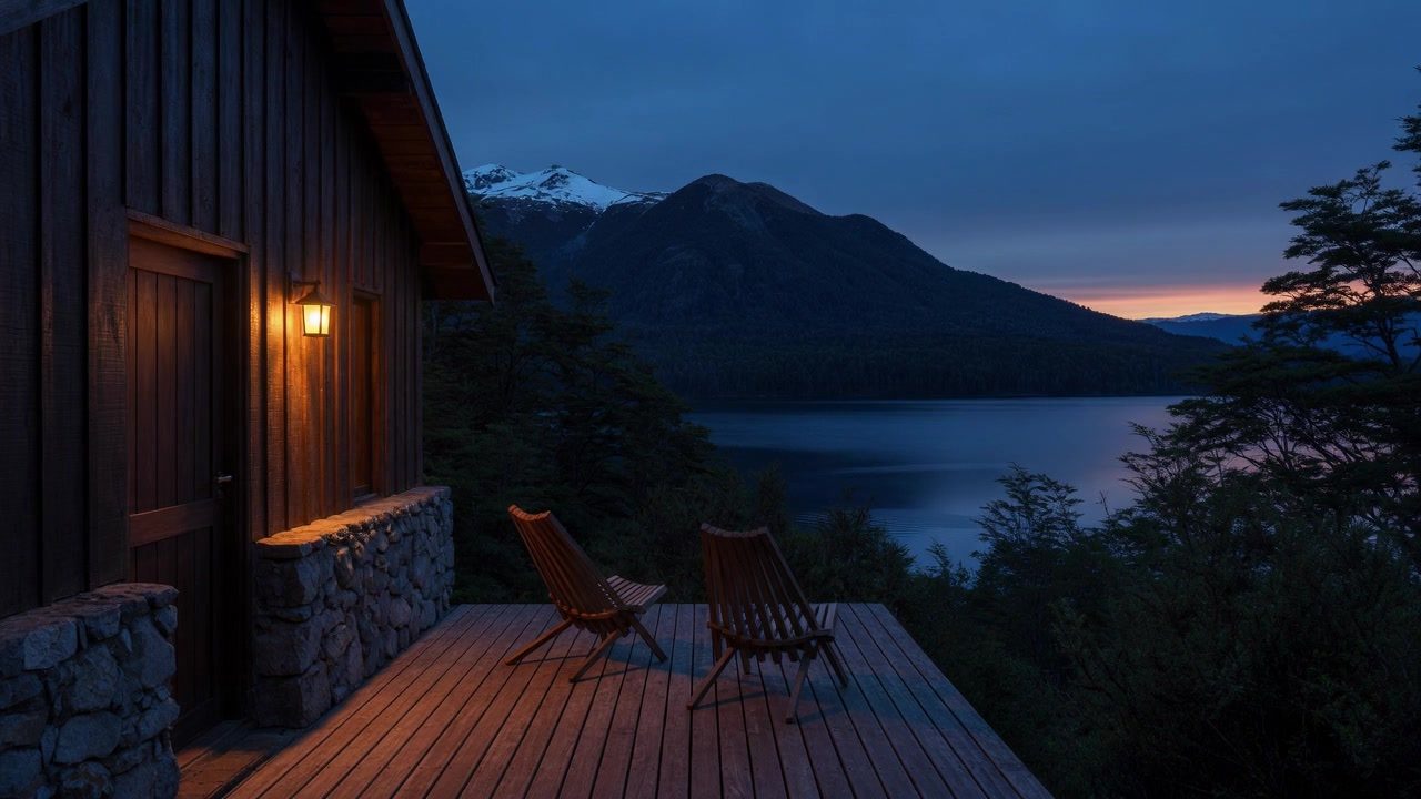 Deck de una cabaña tipo Arrayán al anochecer, con el lago y las montañas