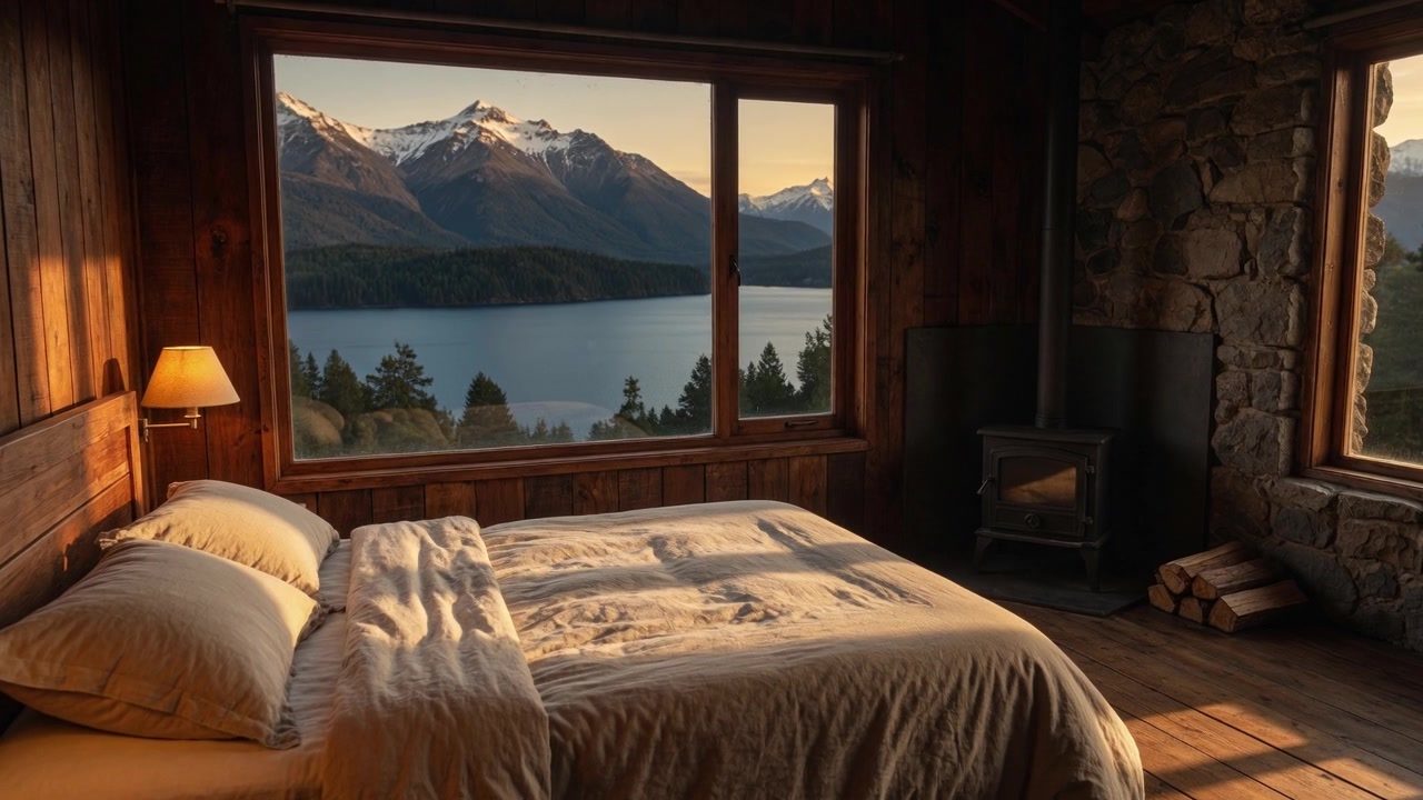 Interior de una cabaña tipo Coihue, cama mirando al lago y las cumbres