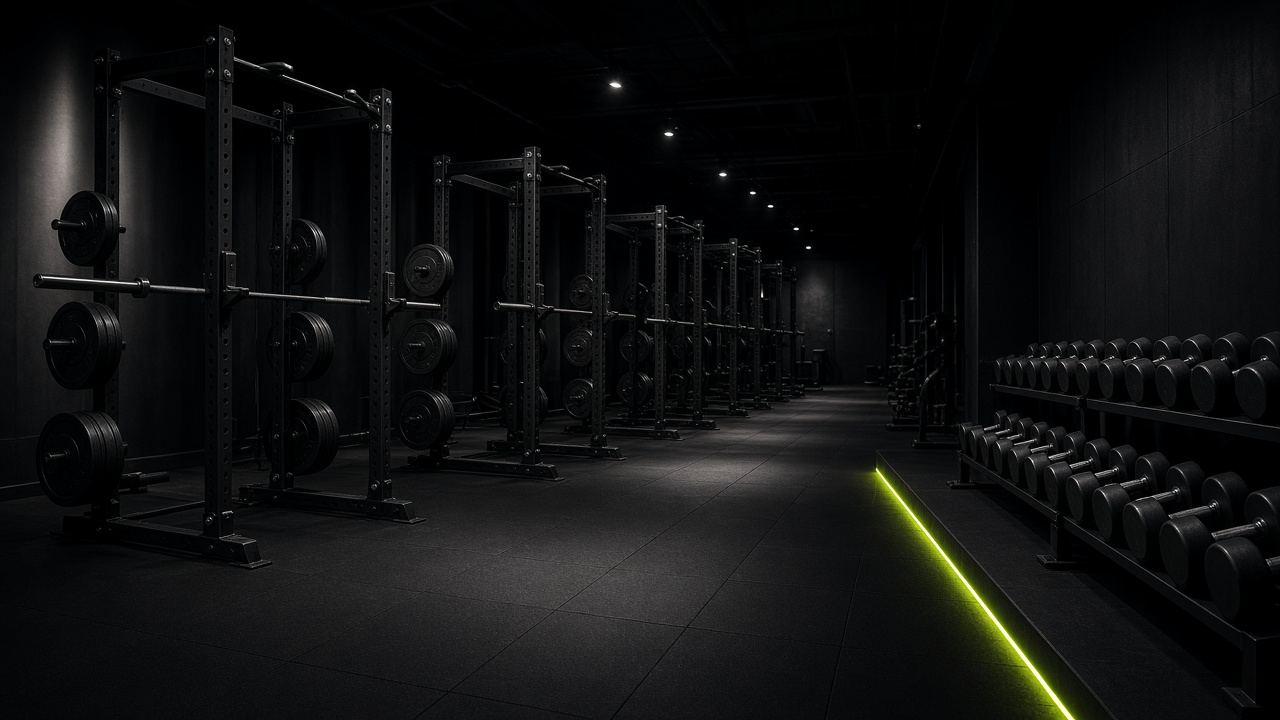 Sala de musculación con racks de sentadilla y mancuernas, iluminada de costado